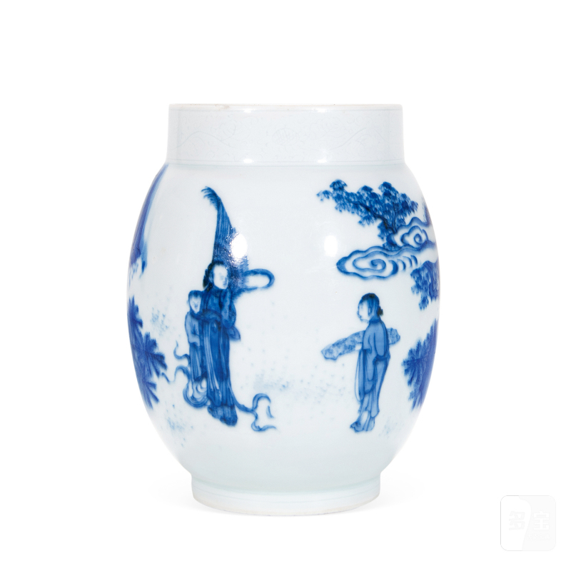 明崇祯 青花“宫妃图”莲子罐